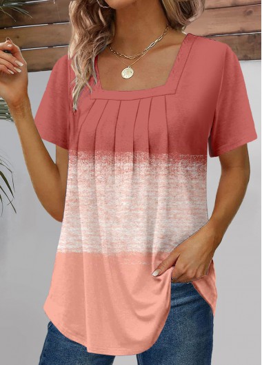 Modlily Dusty Pink Ruched Short Sleeve Square Neck T Shirt - XXL