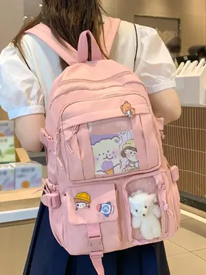 Cute Cartoon Bear Decorated Backpack, Large Capacity School Bag, Casual Versatile Backpack for Women & Girls, Perfect for Stu...