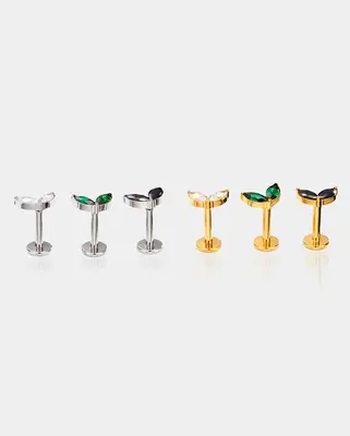 Leaf Threadless Push Pin Helix Stud - Silver / Green
