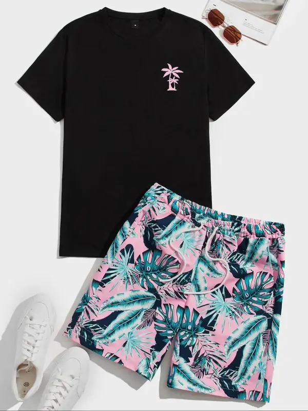 Two-piece Set Men's Coconut Tree Print Tee & Leaf Print Drawstring Shorts Set, Casual Regular Fit Round Neck Short Sleeve T...