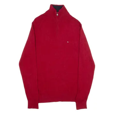 TOMMY HILFIGER Premium Lambswool Mens Jumper Red 1/4 Zip Tight Knit L