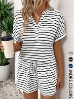 Women's Striped Print Short Sleeve Tee & Shorts Two-piece Set, Casual T-shirt & Shorts, Summer Outfits Clothes Set for Ladies...