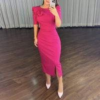 ChicMe Women's Round Neck Puff Sleeve 3D Flower Decor Bodycon Dress Casual Ruched Slit Midi Dress