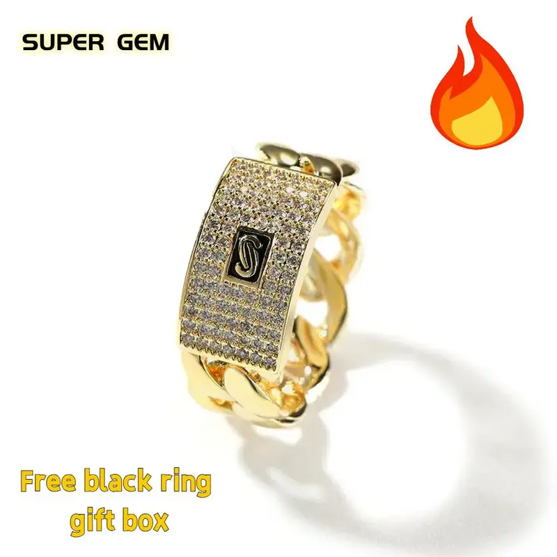 Cuban Chain Ring Niche Design Iced Out Zircon, Hip Hop personality Fashion, Hip Hop Ring for Men and Women with Gift Box, ink...