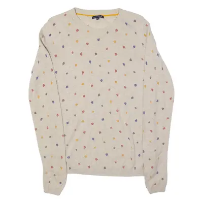TOMMY HILFIGER Leaves Womens Patterned Jumper Beige Roll Neck Tight Knit Wool M