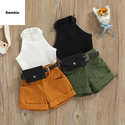 Toddler Girls 3PCS Summer Outfits, Sleeveless Halter Tops + Shorts + Waist Bag Set