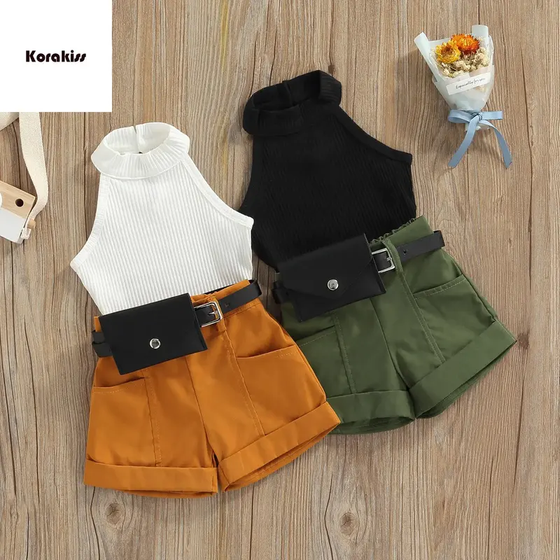 Toddler Girls 3PCS Summer Outfits, Sleeveless Halter Tops + Shorts + Waist Bag Set