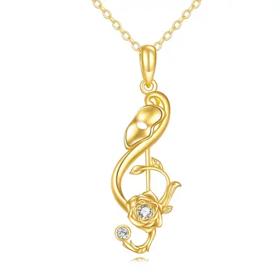 14K Gold Round Cubic Zirconia Rose & Music Symbol Pendant Necklace