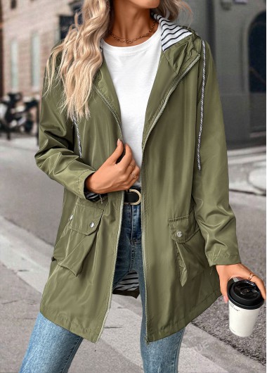 Modlily Green Drawstring Long Sleeve Hooded Coat - XL