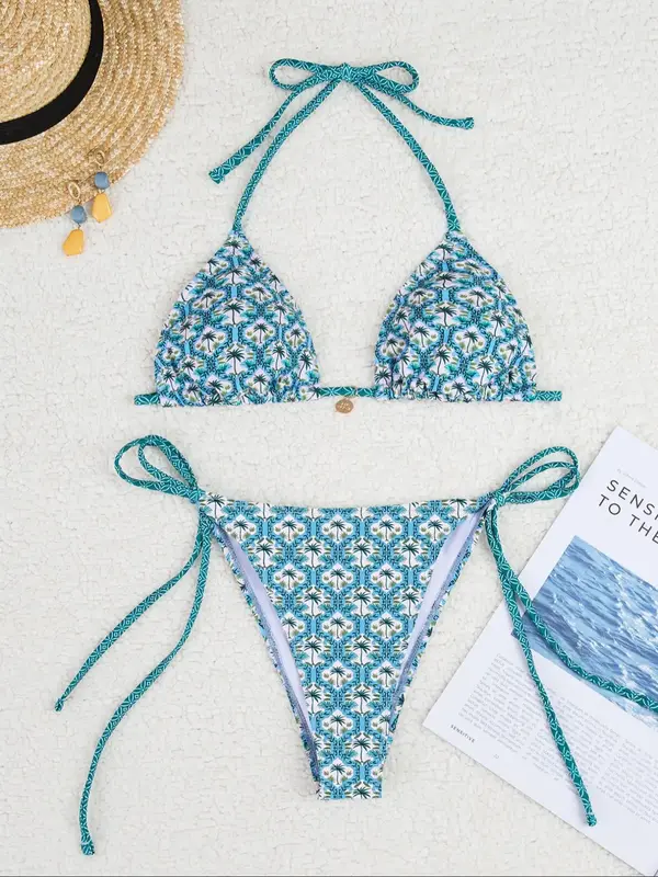 Women's Tropical Coconut Tree Print Bikinis Set, Halter Triangle Swim Bra & Knot Side Swim Panty, Fashion Chic Ladies Bathing...