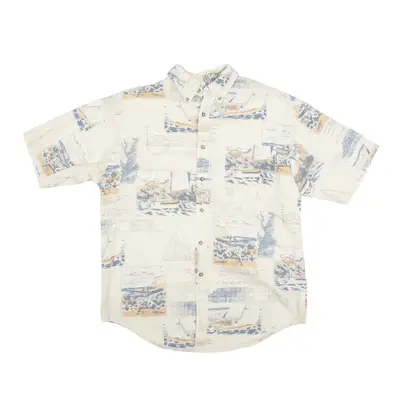 PURITAN Boats Shirt Cream Crazy Pattern Short Sleeve Mens M