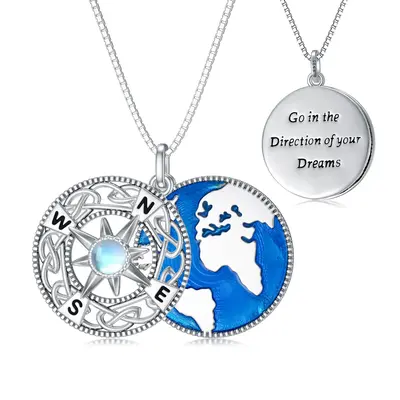 Sterling Silver Moonstone Compass Pendant Necklace with Engraved Word