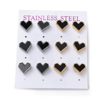 6 Pair 2 Color Heart Acrylic Stud Earrings