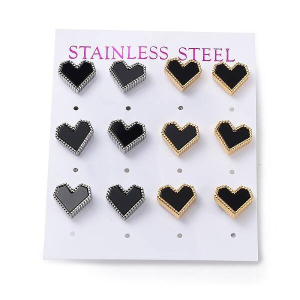 6 Pair 2 Color Heart Acrylic Stud Earrings