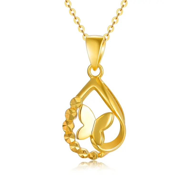 18K Gold Butterfly & Drop Shape Pendant Necklace