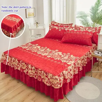 Bedroom Decor Multi-size Floral Print Bed Skirts & 2 Counts Pillowcase without Filler, 1 Count Double Layer Bed Skirt, Dust P...