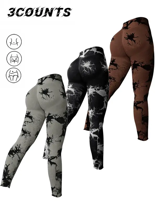 Women's Summer Tie Dye Print High Waist Ribbed Sports Tummy Control Leggings, Casual High Stretch Skinny Pants for Yoga Gym, ...