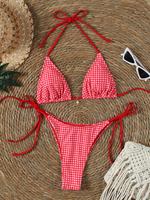 Two-piece Set Women's Plaid Print Halter Bikini Set, Casual Fashion Chic Tie Back Swim Top & Tie Side Swim Bottom Swimsuit fo...