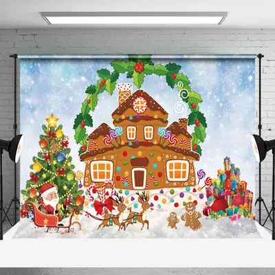 Aperturee Wreath Gingerbread House Carriage Christmas Backdrop - Aperturee