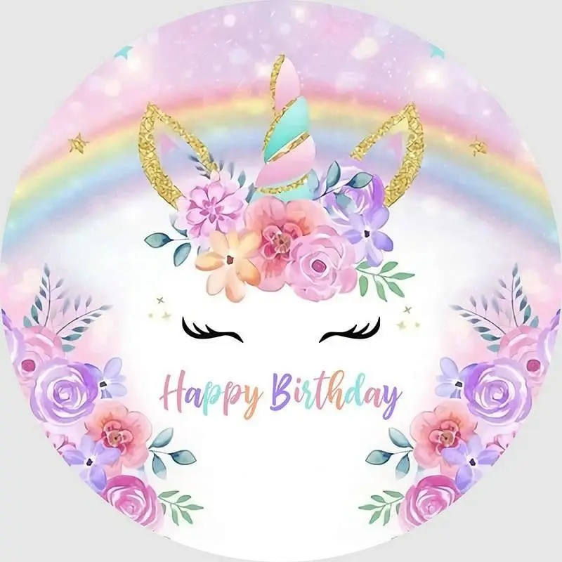 Aperturee Purple Floral And Unicorn Circle Happy Birthday Backdrop | Round Birthday Backdrop Cover | Custom Round Backdrop | ...