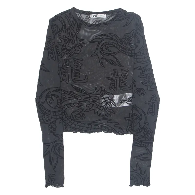 FB SISTER Sheer Dragon Womens Printed Top Black Long Sleeve Animal Print XXS