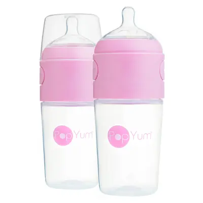 PopYum 9 oz Pink Anti-Colic Formula Making Baby Bottle, 2-Pack with #2 Medium Flow Nipples