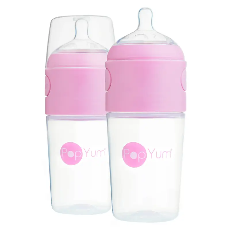 PopYum 9 oz Pink Anti-Colic Formula Making Baby Bottle, 2-Pack with #2 Medium Flow Nipples