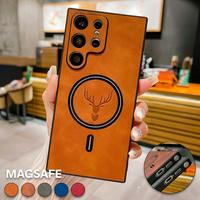 Fathersdaygifts Elk Deer Pattern Leather Magnetic Case For Samsung S25 S24 Ultra S23 S22 S21Plus Cover Protector