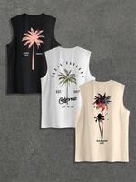 Men's Tropical Coconut Tree Print Round Neck Tank Top, Regular Fit Casual Comfy Crew Neck Sleeveless Top for Summer, Men's To...