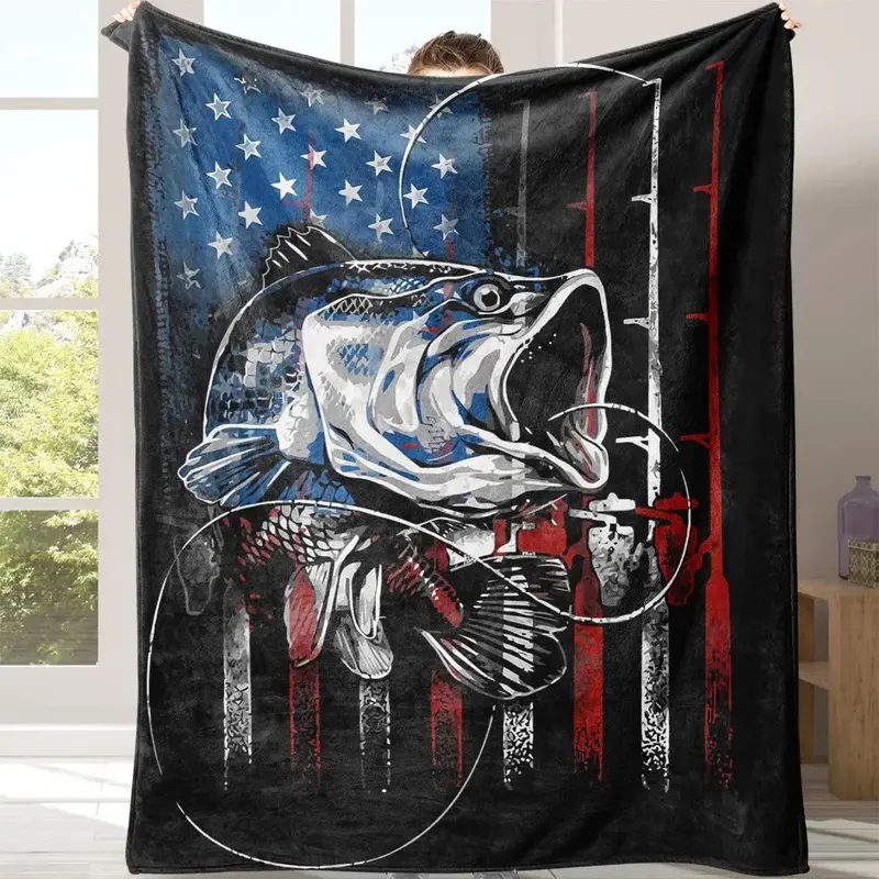 Flag & Fish Pattern Blanket, 1 Count Soft Warm Napping Throw Blanket with Storage Bag, Cool Bedroom Bedding Blankets for Home...