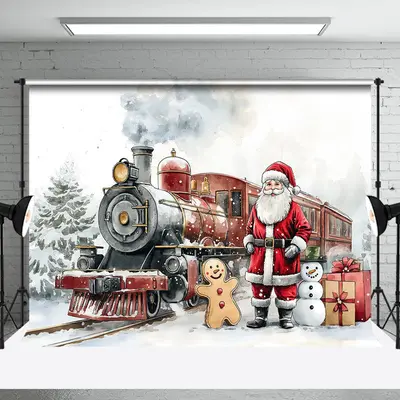 Snowy Field Santa Train Gifts Christmas Backdrop - Aperturee