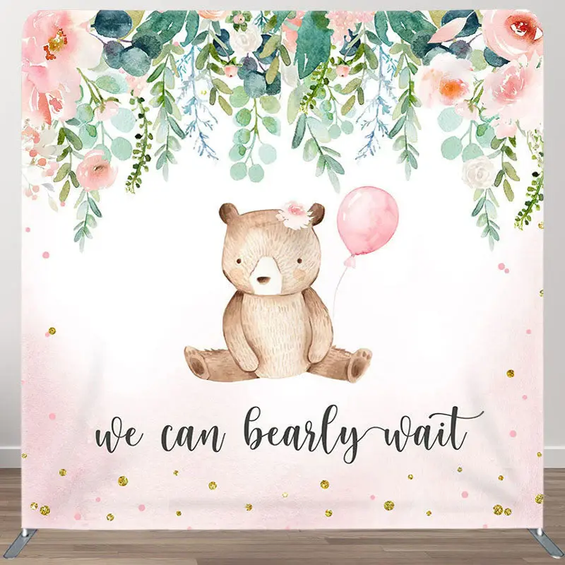 Aperturee Pink Flower Bear Fabric Backdrop Cover for Baby Shower - Aperturee