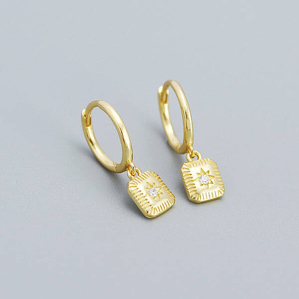 Square with Star 925 Sterling Silver Pave Green Cubic Zirconia Hoop Dangle Earrings for Women