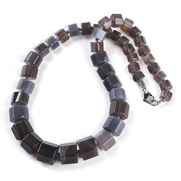 Natural Grey Agate Hexagon Prism Graduated Beaded Necklaces for Women Men