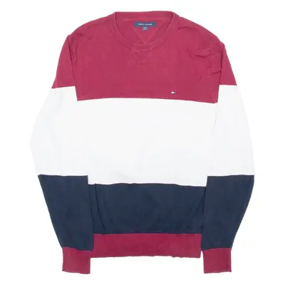 TOMMY HILFIGER Mens Patterned Jumper White Striped Tight Knit S