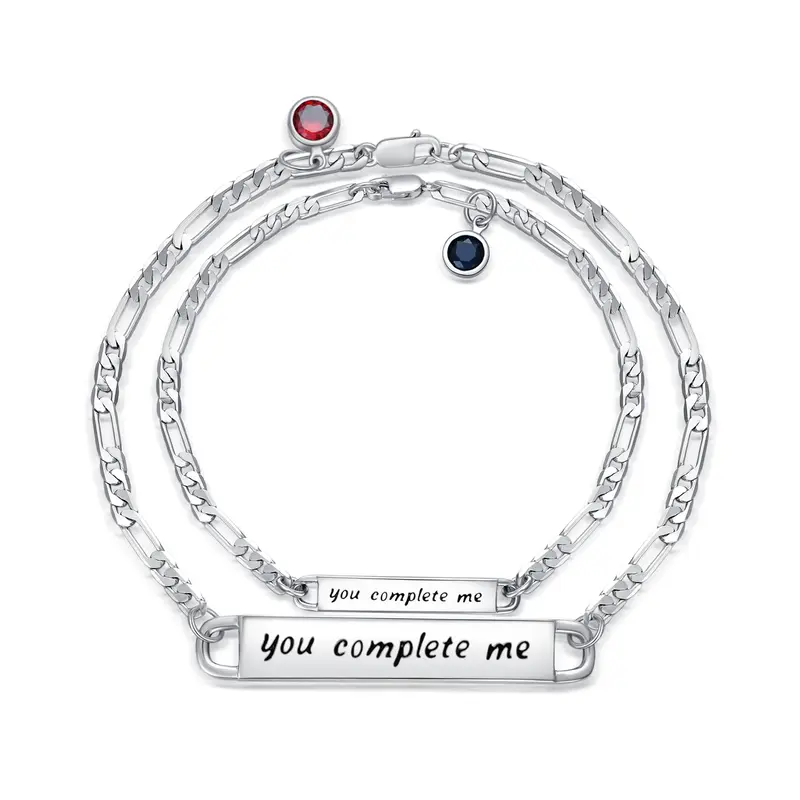 Sterling Silver Circular Cubic Zirconia Personalized Birthstone With Personalized Engraving Couple Identification Bracelet Fo...