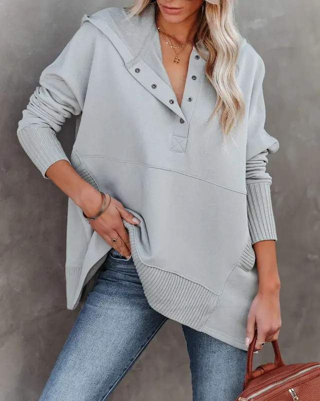 Women's Casual Oversized Sweatshirts Hoodies Button V Neck Long Sleeve Cotton Henley Pullover Hooded Tops 2025 Womenswear Win...