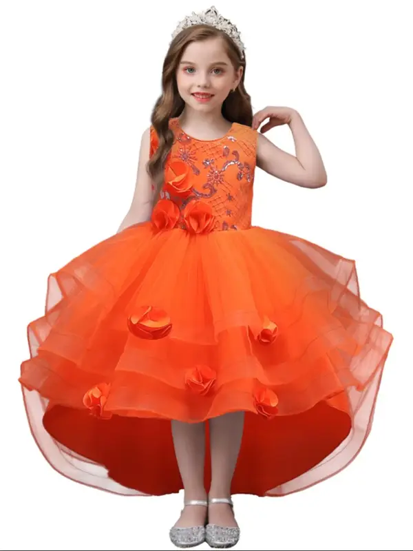 Girl's Floral Decor Tulle Dress, Elegant Sleeveless Round Neck A Line Dress for Party Performance Wedding Guest, Kids Clothes...