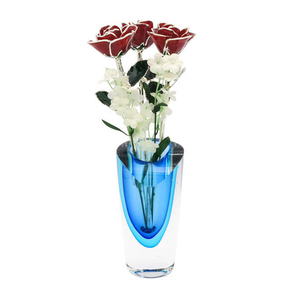 Past, Present, Future 11 Silver Trim Roses in Azure Vase