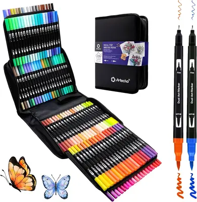 ăGIFT SETăArtecho Dual Tip Brush Pens, Coloring Markers, No Bleeding, Fine and Brush Tip Markers, Calligraphy, Drawing, S...