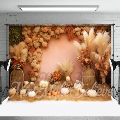 Boho Floral Bulrush Pumpkin Photo Booth Backdrop - Aperturee