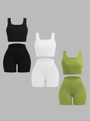 Women's Solid Crop Tank Top & High Waist Shorts Ribbed Set, Casual Sleeveless Square Neck Crop Top & Skinny Shorts, Ladies Su...