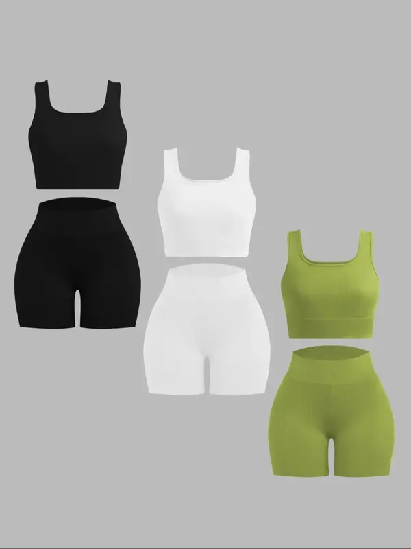Women's Solid Crop Tank Top & High Waist Shorts Ribbed Set, Casual Sleeveless Square Neck Crop Top & Skinny Shorts, Ladies Su...