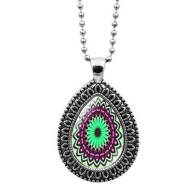 Glass Teardrop with Mandala Flower Pendant Necklace with Ball Chains