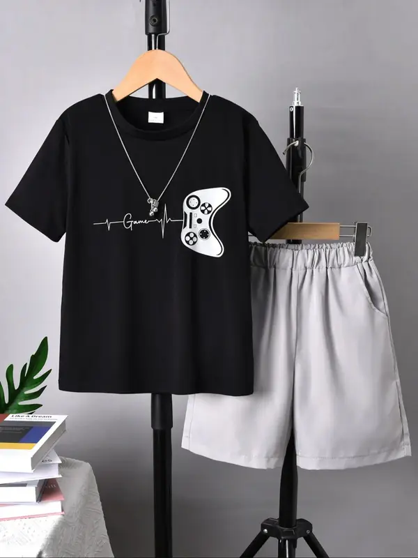 Two-piece Set Boy's Cartoon  Print Short Sleeve Tee & Shorts Set, Casual Round Neck T-shirt & Elastic Waist Shorts, Kids Summ...