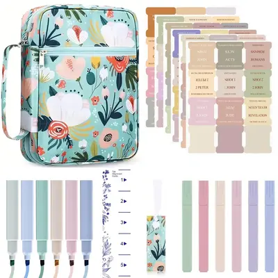 Floral Pattern Bible Cover Case Set, 15pcs/set Contains 1 Book Case & 6 Pens & 1 Alignment Guide & 1 Bookmark & 6 Sheets Tabs...
