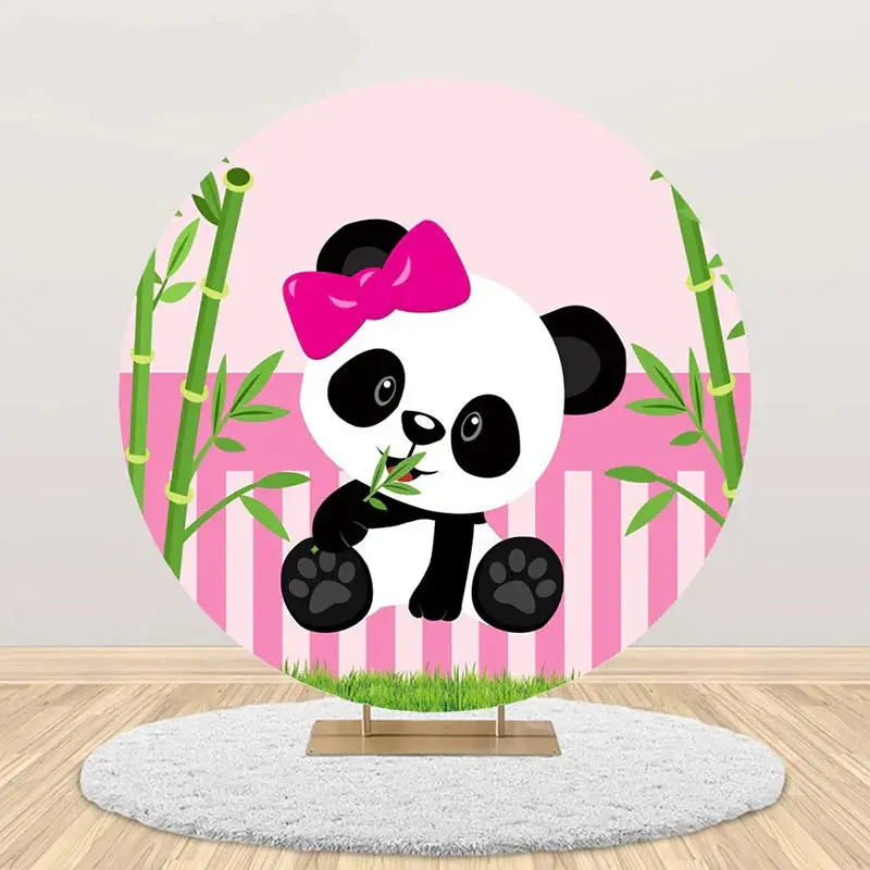 Pink Green Bamboo Panda Round Baby Shower Backdrop - Aperturee
