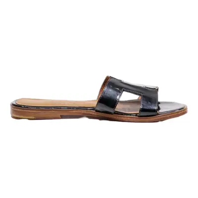 HERMES Slider Sandals Black Leather Womens UK 5