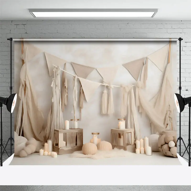Ivory Beige Boho Theme Birthday Cake Smash Backdrop - Aperturee