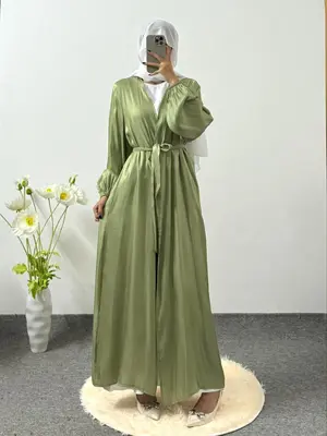Women's Solid Color Belted Lantern Sleeve Abaya without Hijab, Modest Long Sleeve Muslim Maxi Abaya Dress for Daily Wear, Lad...